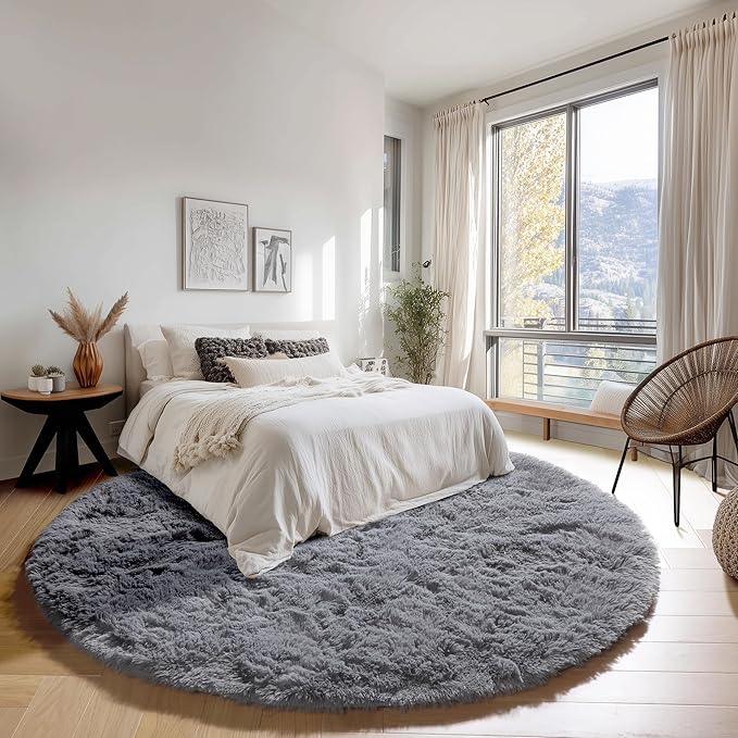 ONASAR Grey Round Rugs 8ft for Living Room, Fluffy Bedroom Circle Area Rug, Soft Plush Shaggy Carpet for Kids Girls Boys Teen Nursery Dorm Classroom Playroom Home Decor Aesthetic