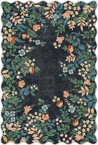 Front Door Mat Outside Entrance - 2x3 Black Floral Non-Slip Washable Doormat Indoor Outdoor Mat Boho Vintage Entry Rug Small Throw Rugs for Entryway Kitchen Front Porch Decor