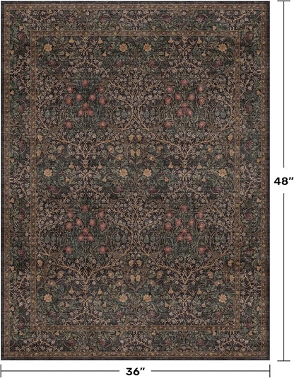 Vintage Dark Brown 3x4 Entryway Rug, Washable Small Area Rugs for Entry Way, Kitchen, Bathroom, Door Mat Indoor Entrance, Mudroom, Oriental Floral Low Pile Stain Resistant Non-Slip Throw Rug