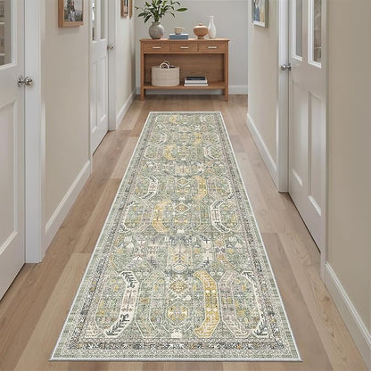 Madane Runner Rug 2x8, Washable Hallway Runner Rugs, Non-Slip Low-Pile Soft Kitchen Rug Runner Laundry Room Rug, Vintage Throw Entry Foyer Mat for Entrance Living Room (Green/Gold, 2 x 8)