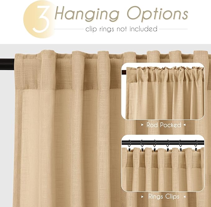 Tan Linen Curtains 102 inches Long for Living Room Back Tab Rustic Farmhouse Semi Sheer Light Filtering Window Curtain Dining Room Soft Thick Flax Linen Textured Drapes Kahki 52x102