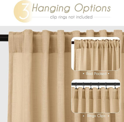 Tan Linen Curtains 102 inches Long for Living Room Back Tab Rustic Farmhouse Semi Sheer Light Filtering Window Curtain Dining Room Soft Thick Flax Linen Textured Drapes Kahki 52x102