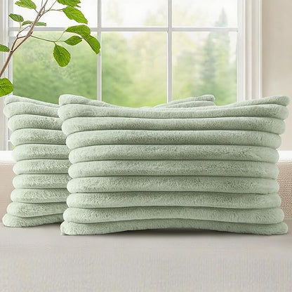 decorUhome Summer Cozy Faux Fur Throw Pillow Covers 12x20 Set of 2 Decorative Soft Plush Striped Lumbar Modern Farmhouse Boho Couch Pillow Cases with Velvet Back for Sofa Bed Living Room, Sage Green