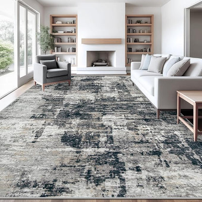 10x14 Area Rugs for Living Room, Washable Modern Abstract Large Area Rug Neutral Soft Non Slip Kids Rug Stain Resistant Indoor Carpet for Bedroom Dining Room Playroom Office(BlackGrey, 10'x14')