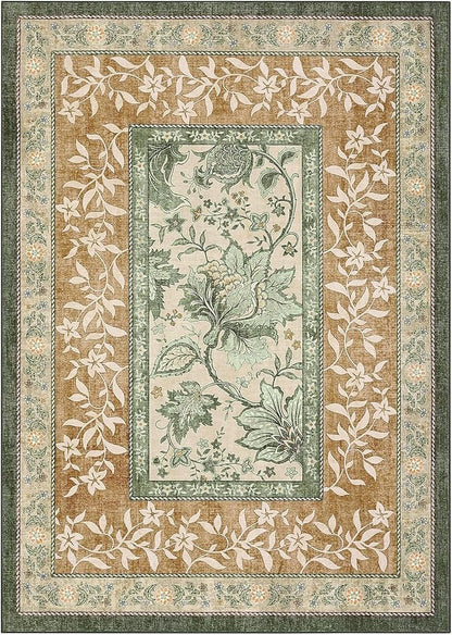 GarveeHome Terracotta Olive Sage Green Washable 5x7 Area Rugs, Botanical Grove Vintage Cottage core Non-Slip Rug for Bedroom Living Room Nursery Kitchen Low-Pile Retro Carpet