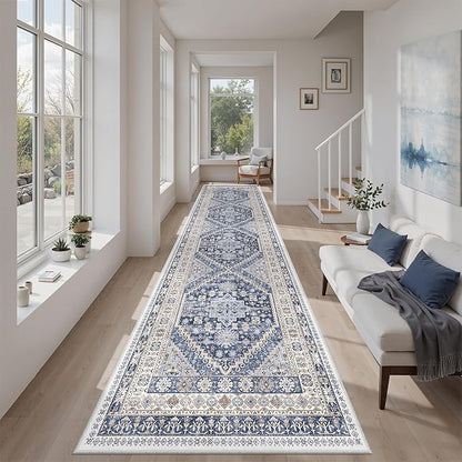 zesthome Washable Runner Rug 2.5x10 - Stain Resistant Entryway Rug,Ultra-Thin Kitchen Rugs, Anti Slip Backing Runner Rugs for Entrance Laundry Room Indoor Hallway (Blue/Beige,2.5'x10')