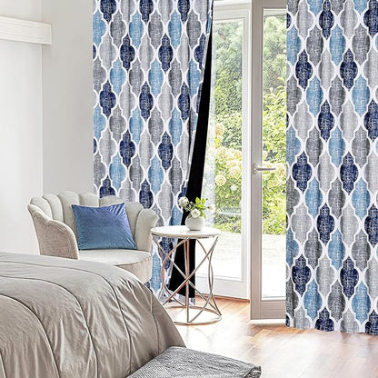 Beauoop 100% Blackout Curtains 63 Inches Long 2 Panels for Bedroom Living Room Blue Grey Moroccan Geo Room Darkening Thermal Insulated Soundproof Rod Pocket Back Tab Window Treatments Drapes, 50x63