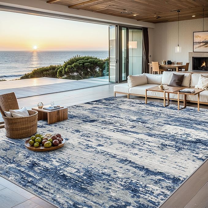 Area Rugs 10x12 Living Room - Washable Rug Modern Abstract Soft Large Neutral Non-Slip Carpet Indoor Floor Thin Carpets for Bedroom Dining Room Farmhouse Nursery Home Office Blue Gray