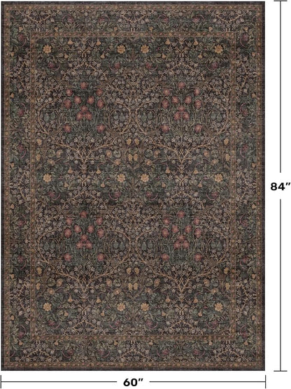 Dark Brown Washable 5x7 Area Rugs for Living Room, Non-Slip Soft Rugs for Bedroom, Dining Room, Home Office, Deep Olive Accent Floral Vintage Cottage Indoor Carpet Décor, Low Pile Stain Resistant