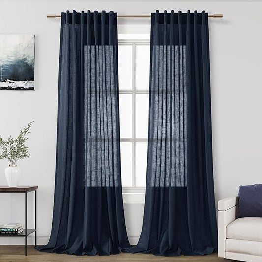 Nanspring Navy Blue Linen Curtains for Living Room 2 Panels Set Extra Long Back Tab Light Filtering Semi Sheer Curtain Drapes for Bedroom Neutral Farmhouse Ceiling to Floor for Large Window 52x100