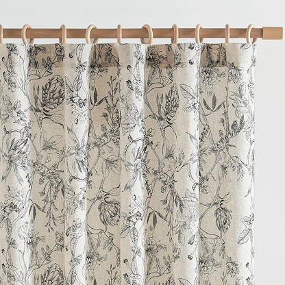 jinchan Floral Curtains 90 Inch Length Black Flower Linen Farmhouse Curtain for Living Room French Country Vintage Curtain Rod Pocket Curtains Set 2 Panels Balck Floral Printed