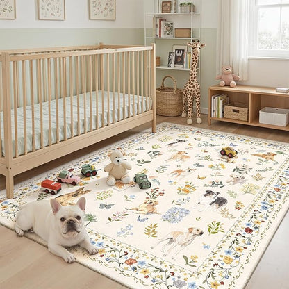 Dog 6x9 Area Rugs for Living Room, Machine Washable Animal Floral Vintage Rug Non-Slip Low Pile Soft Throw Rugs for Bedroom Dining Room Kitchen Nursery Playroom (6 x 9,Beige)