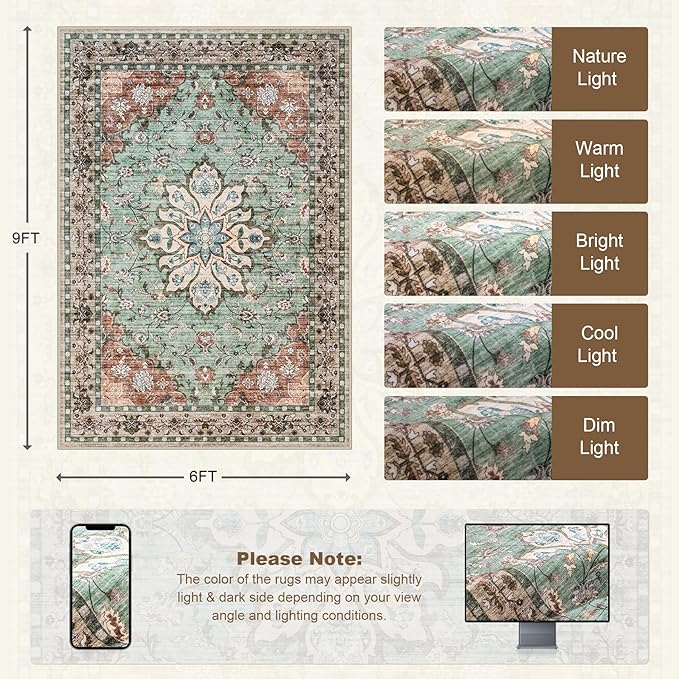 6x9 Area Rugs Living Room Rug: Washable Vintage Distressed Floral Rug No Slip Stain Resistant Soft Carpet Indoor Floor Large Carpets for Bedroom Dining Room Farmhouse Nursery Home Office Brown Green