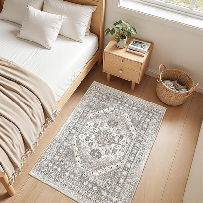 zesthome 2x3 Entryway Rug, Soft Washable Rugs, Non Slip Area Rug, Stain Resistant Low Pile Rugs for Bedroom, Vintage Rug for Door Mat, Kitchen (Brown/Beige,2'x3')