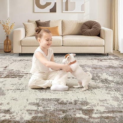 UERMEI 9x12 Area Rug Living Room Rugs - Washable Neutral Modern Abstract Soft Thin Rug Indoor Floor No Slip Rug Carpet for Bedroom Under Dining Table Home Office Decor - Brown/Grey/Beige
