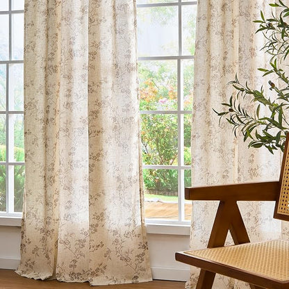 Lazzzy 90 Inch Curtain for Living Room Taupe Floral Drapes Linen for Bedroom Dining Room Farmhouse Vintage Light Filtering Curtains Rod Pocket Back Tab, 2 Panels Set, Taupe on Beige
