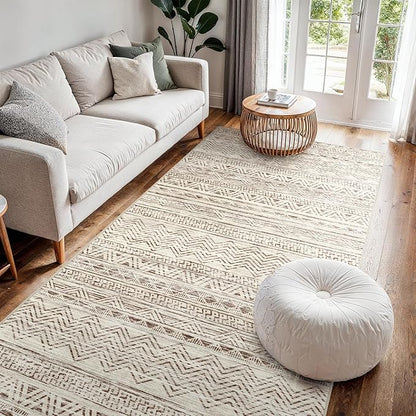 4x8 Washable Hallway Runner Rug：Moroccan Non-Slip Wide Runners for Entryway Kitchen Soft Modern Geometric Low-Pile Rugs for Living Room Thin Waterproof Carpet for Bedroom Bathroom Laundry(Beige,4x8)