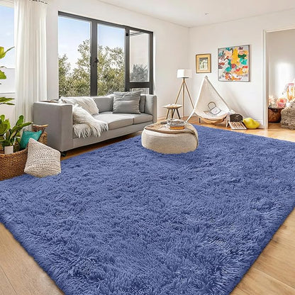 OLANLY 9x12 Machine Washable Large Area Rugs for Living Room, Bedroom, Soft Fluffy Shaggy Bedside Rug, Indoor Floor Carpet for Kids Girls and Boys, Dorms, Nursery, Home Decor Aesthetic, Denim Blue