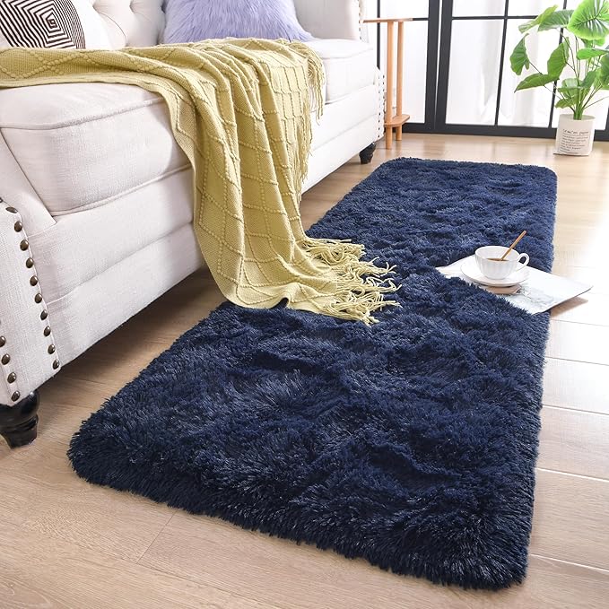 Chicrug Soft Runner Rugs for Bedroom Living Room Plush Fluffy Rug 3x8 Feet, Shag Furry Area Rug Carpet Non Shedding for Nursery Children Kids Girls Room Home Decorative, Navy Blue