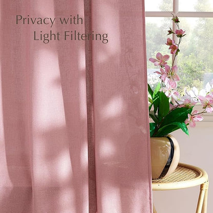 NICETOWN Linen Pink Curtains for Girls Room, Grommet Thick Flax Semi Sheer Window Treatments Privacy Assured with Light Filtering for Bedroom/Kids Room, 2 Panels, W55 x L84