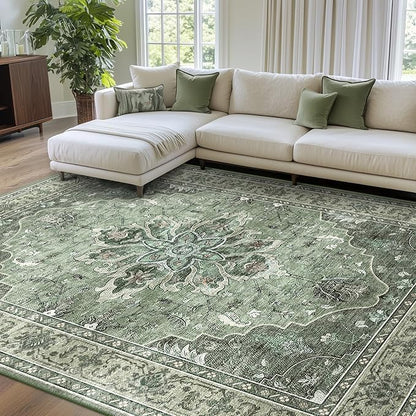 Area Rugs 6'x9' Washable Non-Slip, Floral Vintage Distress Print Pattern Medallion Carpet for Living Room Bedroom Dining Room, Dark Green Gray