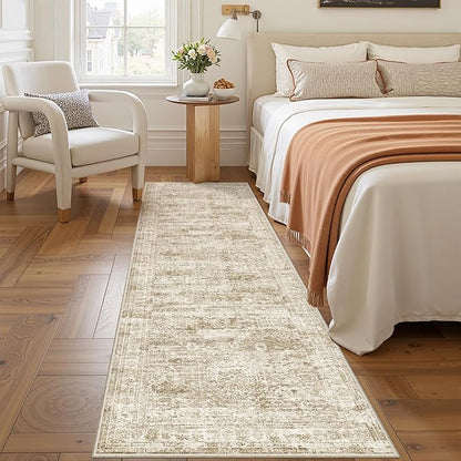 2x7 Runner Rug Non Slip, Thin Entryway Washable Rug for Entryway, Runners for Hallways, Low Pile Vintage Abstract Soft Rugs for Living Room, Kitchen, Bedroom(2'x7', Brown/Ivory)