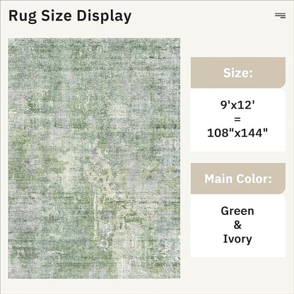 9x12 Area Rugs for Living Room, Non-Slip Machine Washable Vintage Rugs, Abstract Low Pile Lightweight Large Rug for Bedroom, Dining Room, Home Office Green Ivory