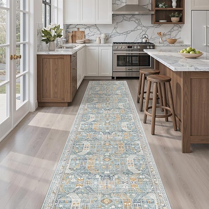 Madane Hallway Runner Rug 2x12, Extra Long Washable Runner Rugs with Rubber Backing, Non Slip Carpet Runner for Hallway, Vintage Rug Runners for Kitchen Laundry Room Entryway (Blue/Gold, 2'x12')