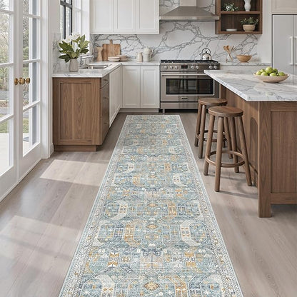 Madane Hallway Runner Rug 2x12, Extra Long Washable Runner Rugs with Rubber Backing, Non Slip Carpet Runner for Hallway, Vintage Rug Runners for Kitchen Laundry Room Entryway (Blue/Gold, 2'x12')