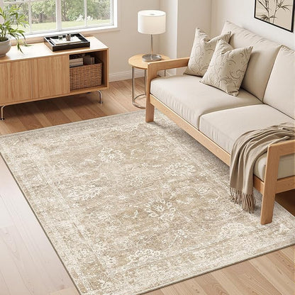 Madane 3x5 Area Rugs for Entryway,Washable Vintage Low Pile Non-Slip Throw Area Rugs, Accent Rug Floral Print Indoor Mat for Bedside Living Room Kitchen Bedroom, Beige/Brown