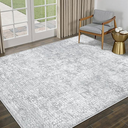 PureCozy 5x7 Area Rug Washable Vintage Living Room Carpet Large Indoor Non Slip Grey Bedroom Distressed Low Pile Retro Accent Throw Rug for Dining Room