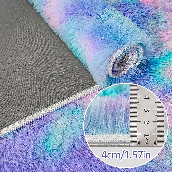 Super Soft Fluffy Living Room Area Rug 2x5 ft Purple Rainbow Tie-Dyed Shaggy Furry Carpet Washable Non-Slip Carpets Bedroom Bedside Nursery Rug Cute Colorful Room Decor for Girls