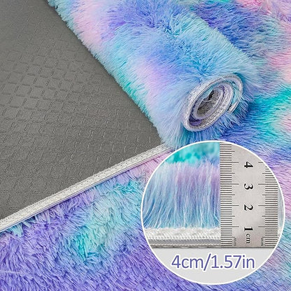 Super Soft Fluffy Living Room Area Rug 2x5 ft Purple Rainbow Tie-Dyed Shaggy Furry Carpet Washable Non-Slip Carpets Bedroom Bedside Nursery Rug Cute Colorful Room Decor for Girls
