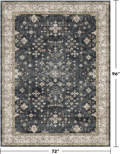 Hazo Haus Boho Dining Room Rugs for Under Table - Washable Black Area Rug for Living Room, Low Pile Non-Slip Rugs for Bedroom, Office - Charming Geometric Decor & Stain Resistance - 6x8 Black/Multi