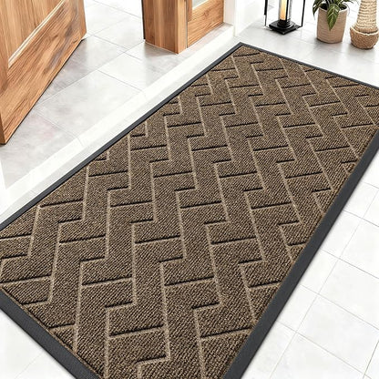 OLANLY Front Door Mat Indoor Outdoor Entrance, Waterproof All-Season, All-Weather Doormat, Sturdy Natural Rubber, Low Profile, Easy Clean Patio Porch Entryway Mat, Herringbone Brick (Brown, 47x23)
