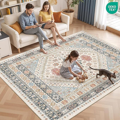 Area Rugs 5x7, Ultra-Thin Washable Rugs for Living Room, Anti-Slip Backing Area Rug for Bedroom, Soft Floral Vintage Home Decor Rug for Dining Room(Blue/Red/Multi,5'x7')