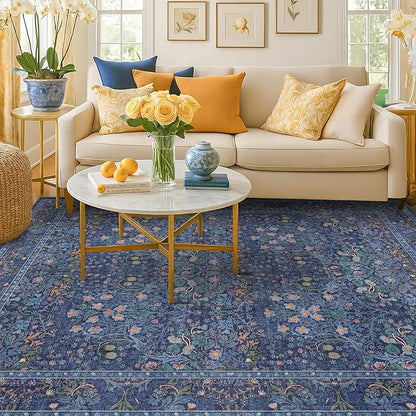 Dark Navy Blue Living Room Rug 5x7 Area Rug - Vintage Floral Forest Washable Mat for Dining Room, Bedroom, Low Pile Non Slip Stain Resistance Distressed Retro Indoor Boho Carpet
