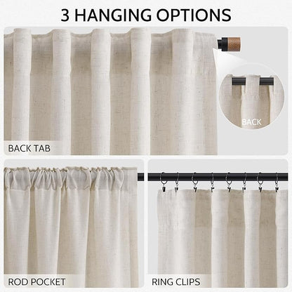 Nanspring Pearl White Linen Curtains for Living Room 72 Inches Long Luxury Light Filtering Semi Sheer Curtain Back Tab Coastal Decor Neutral Elegant Gray Drapes for Bedroom Office 52x72, 2 Panels