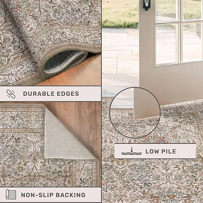 Hazo Haus Vintage Moss Green Living Room Rug, Neutral Taupe 8x10 Washable Area Rugs for Bedroom, Dining Room Rugs Under Kitchen Table, Oriental Low Pile Stain Resistant Non-Slip Large Rug