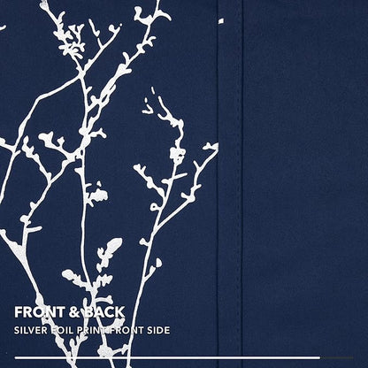 Deconovo Blackout Curtains, Navy Blue Curtain, Thermal Insulated Soundproof Drapes, Branch Silver Print, 42 x 72 Inch Long, Machine Washable Grommet Panels for Bedroom Living Room Office, Set of 2
