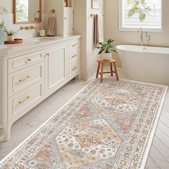4x8 Rug for Bedroom,Wide Runner Rug for Hallway, Non Slip Washable Runner Rug for Living Room, Low Pile Soft Entryway Kitchen Rug, Vintage Home Decor Mat for Dining Room(Orange,4'x8')