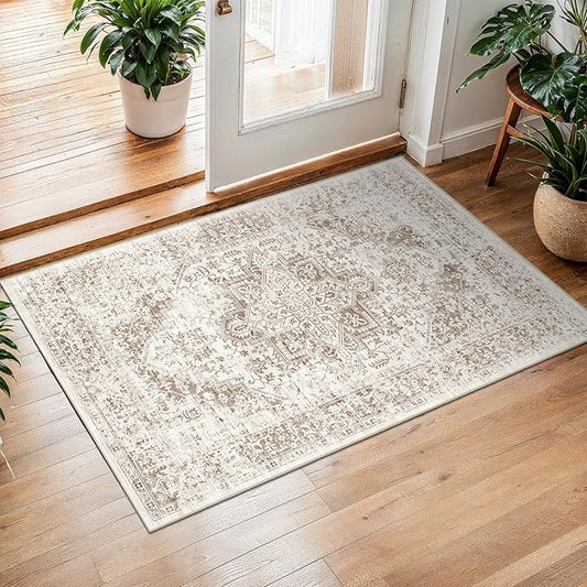 2x3 Entryway Area Rug Washable - Neutral Small Entry Rug Kitchen Rug Runner Vintage Soft Floor Mat Non Slip Indoor Farmhouse Carpet for Bedroom Bathroom Living Room (Cream/Camel)