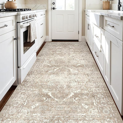 4x8 Washable Hallway Runner Rug - Wide Kitchen Runners Vintage Low Pile Carpet Soft Thin Floor Runner with Rubber Backing for Entryway Bedroom Living Room Home Decor (Beige)