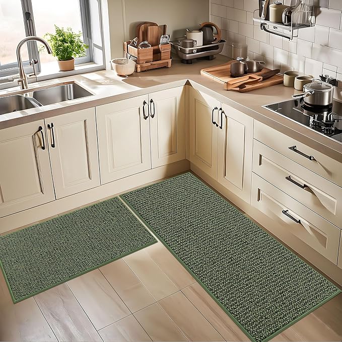 BEQHAUSE Kitchen Rugs and Mats 2PCS, Non-Slip Kitchen Mats for Floor, Absorbent and Stain Resistant Kitchen Runner, Machine Washable Rugs for Kitchen, Laundry & Sink, 24"x36"+24"x60", Green