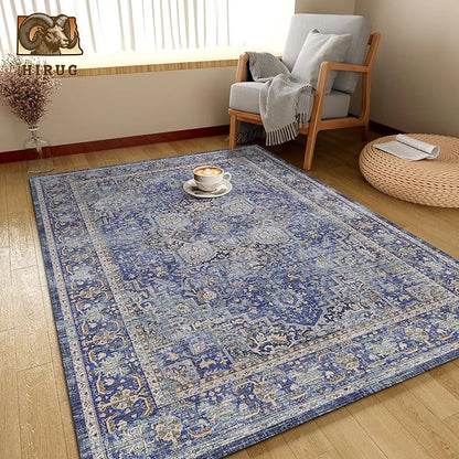 Washable Area Rug 3' x 5 ' Vintage Traditional Persian Mat - Foldable Distressed Non-Slip Machine Washable Carpet for Living Room Bedroom Kitchen Home Decor - Indigo and Gold