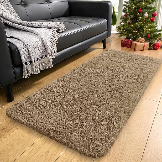 OLANLY 2x5 Machine Washable Runner Rugs for Hallway, Soft Fluffy Shaggy Bedside Rugs for Bedroom, Living Room, Indoor Floor Carpet for Kids Girls and Boys, Home Decor Aesthetic, Taupe