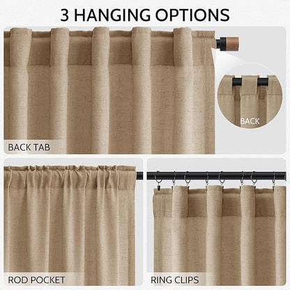 Nanspring Sand Beige Curtains 102 Inches Long for Living Room Bedroom Linen Light Filtering Simple Modern Curtains Back Tab Privacy Semi Sheer Curtain for Dinner Room Office 52x102, 2 Panels