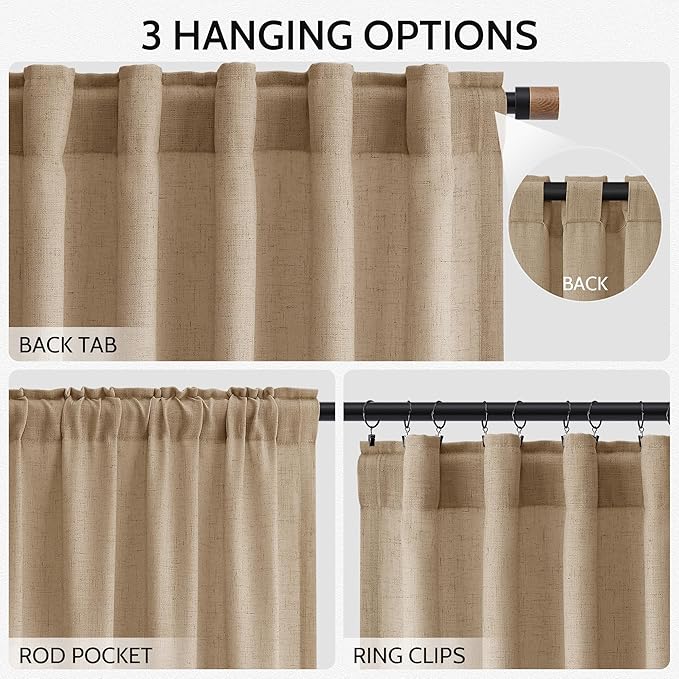 Nanspring Sand Beige Curtains 63 Inch Length for Living Room Flax Linen Semi Sheer Simple Semi Sheer Modern Curtains Back Tab Privacy Light Filtering Curtain for Bedroom Office 52x63, 2 Panels