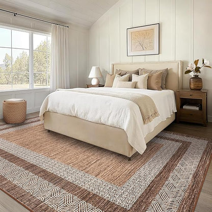 GarveeHome Small Bedroom Area Rug 3x5 Bordered Area Rug for Living Room Nursery Non Slip Kitchen Throw Carpet Low Pile Modern Rugs Washable Bathroom Mat Soft Brown Rugs for Laundry, Dark Brown