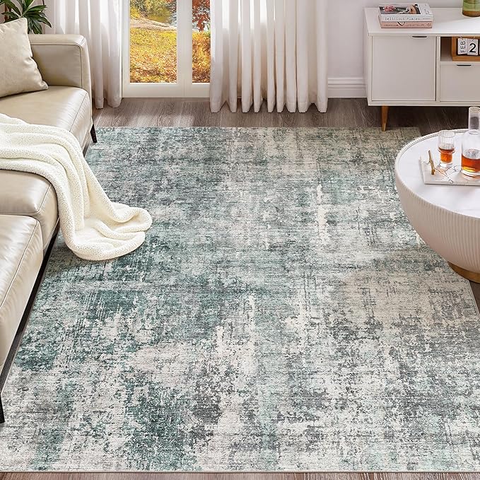 UERMEI 9x12 Area Rug Living Room Rugs - Washable Neutral Modern Abstract Soft Thin Large Rug Indoor Floor No Slip Rug Carpet for Bedroom Under Dining Table Home Office Decor - Green/Grey